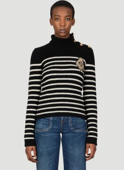 3 Button High Neck Stripe Sweater