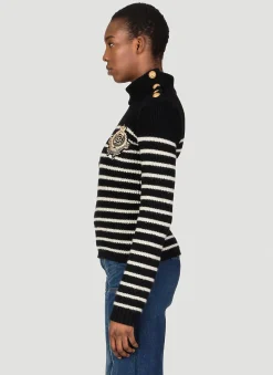 3 Button High Neck Stripe Sweater