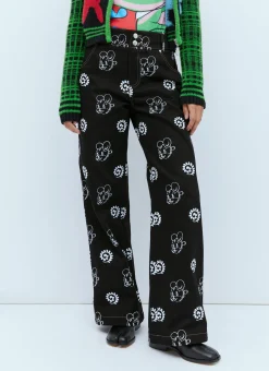 Flocked Bear Motif Denim Jeans
