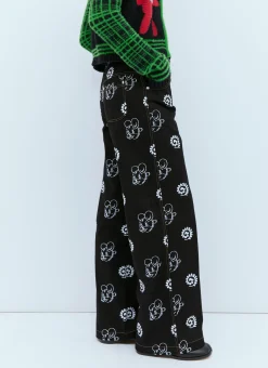 Flocked Bear Motif Denim Jeans