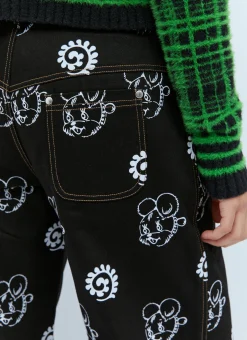 Flocked Bear Motif Denim Jeans
