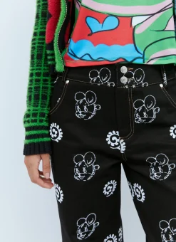 Flocked Bear Motif Denim Jeans