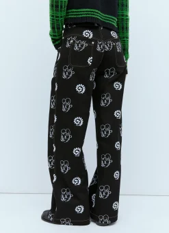 Flocked Bear Motif Denim Jeans