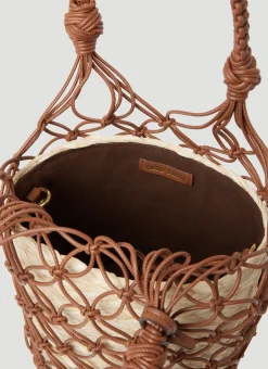 Leather Mesh And Straw Bucket Bag