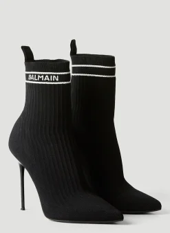 Logo Print Knit High Heel Boots