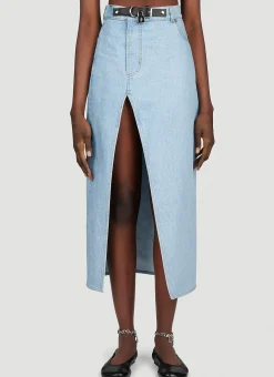 Padlock Strap Long Slit Denim Skirt