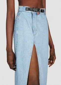 Padlock Strap Long Slit Denim Skirt