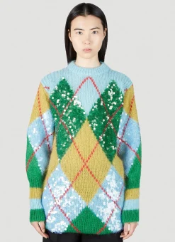 Sequin Embellished Argyle Sweater