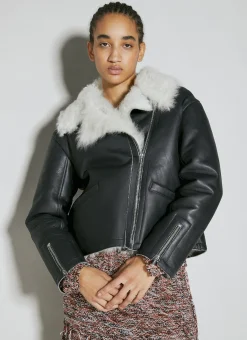 Shearling-Collar Leather Biker Jacket