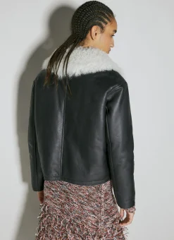 Shearling-Collar Leather Biker Jacket