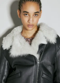 Shearling-Collar Leather Biker Jacket