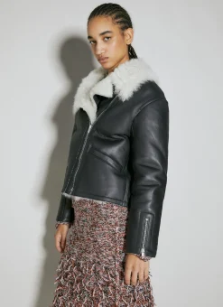 Shearling-Collar Leather Biker Jacket